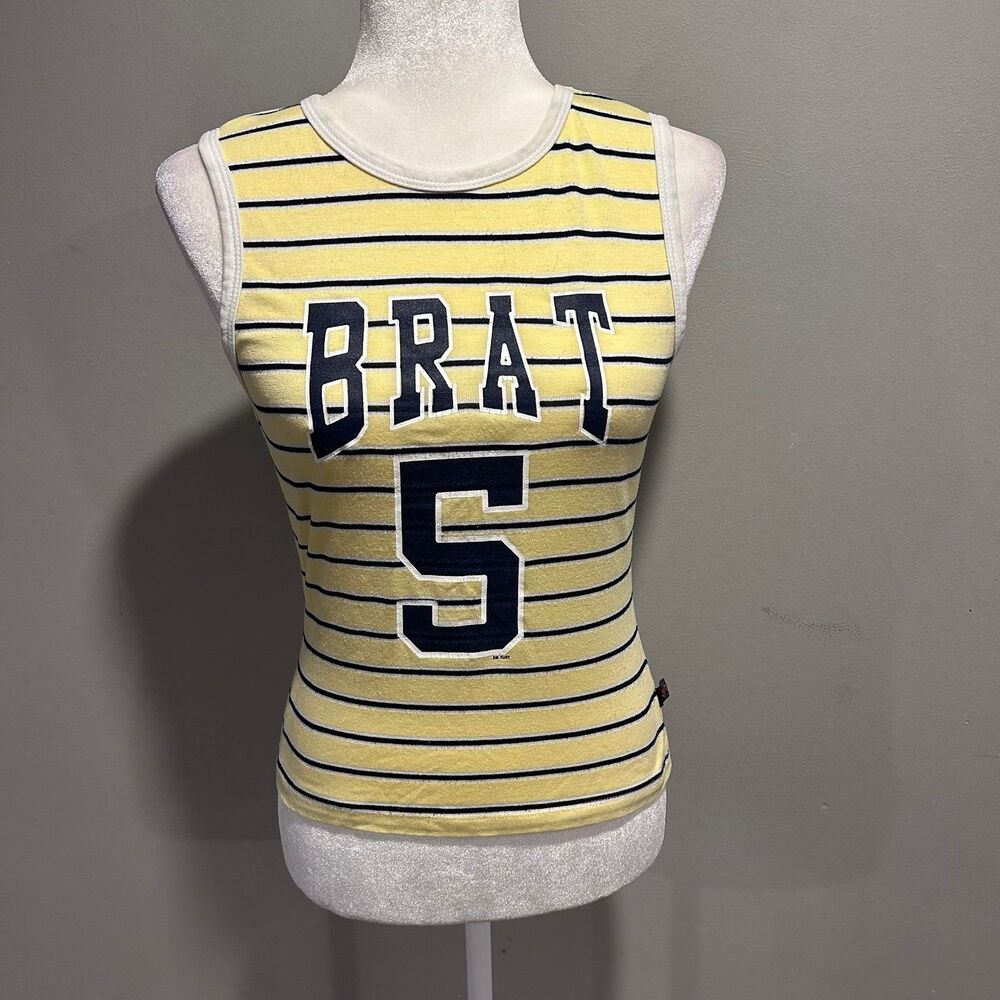 Y2K Vintage Big Flirt Yellow Striped BRAT 5 Tank Top Women's Medium Graphic